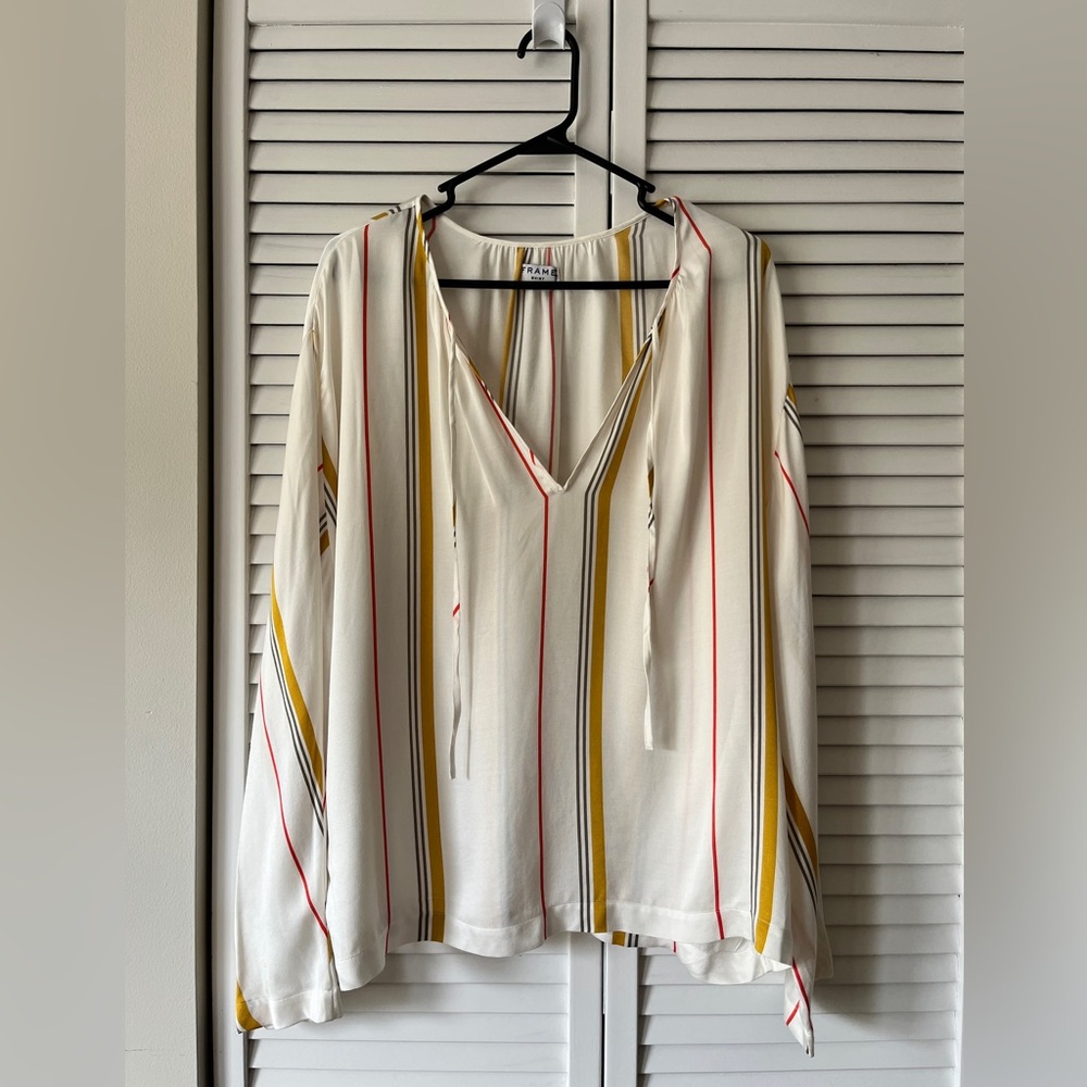 FRAME Denim Le Raglan Silk Blend Blouse in Saffron Summer Stripe